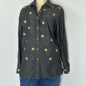 The Quacker Factory Black Denim Shirt Gold Stars Embroidered Button Down Small
